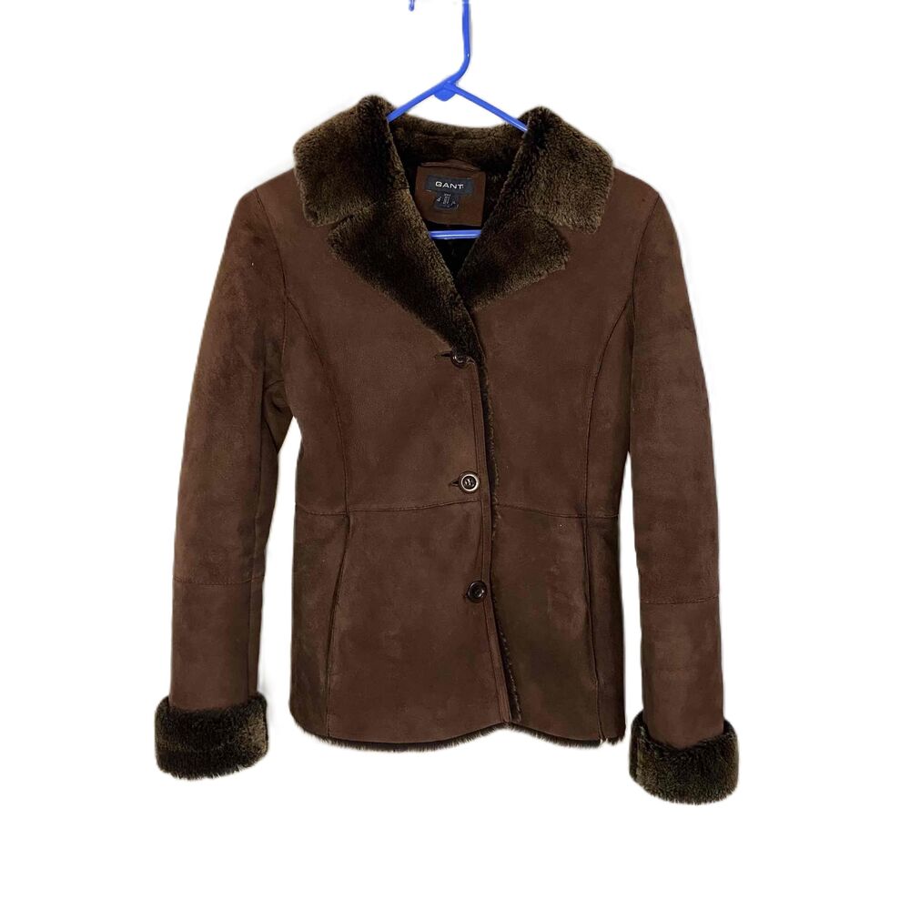 Gant Womens Size S Brown Leather Jacket Fur Collar Button Up Sheepskin